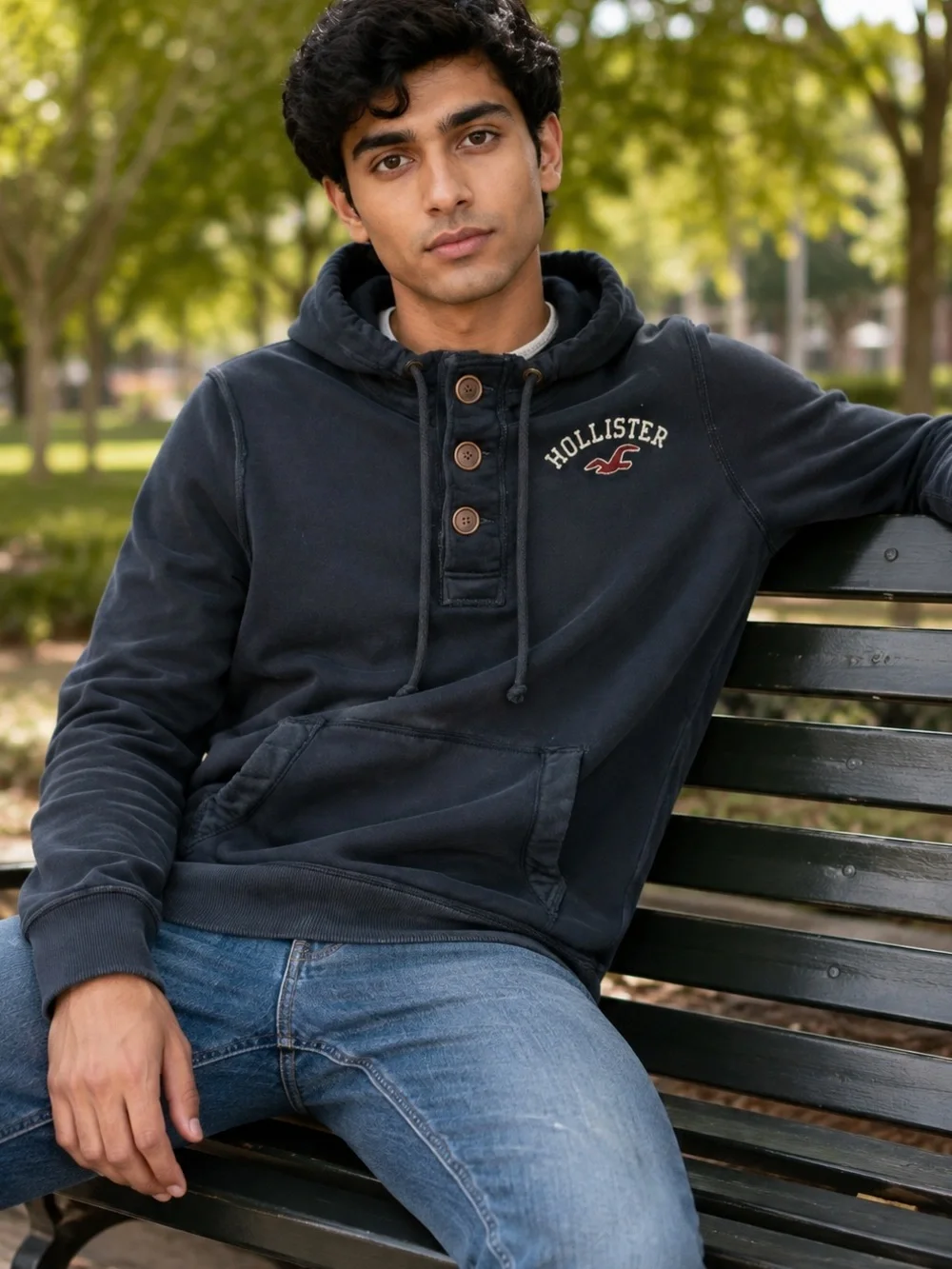 Hollister Navy Button-Neck Hoodie Y2K Oversized Small